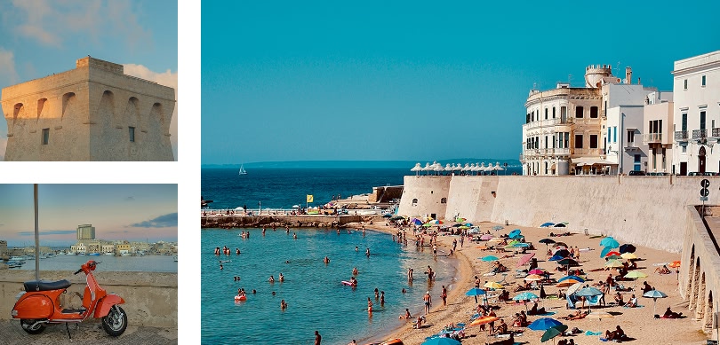 Collage di viste costiere: torre, spiaggia e scooter vintage.