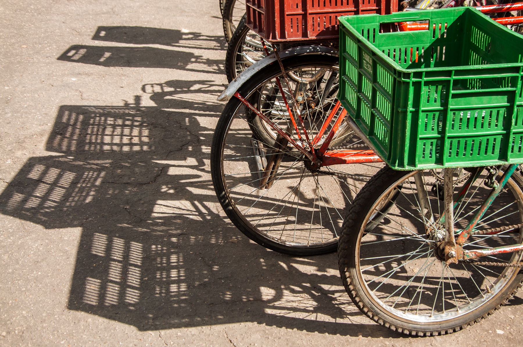 Bikes with green and red baskets
