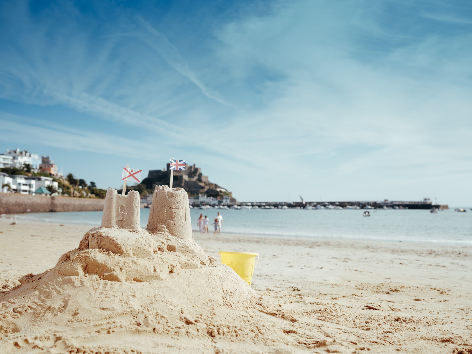 Sandcastle featuring the Union Jack and Jersey flags.
