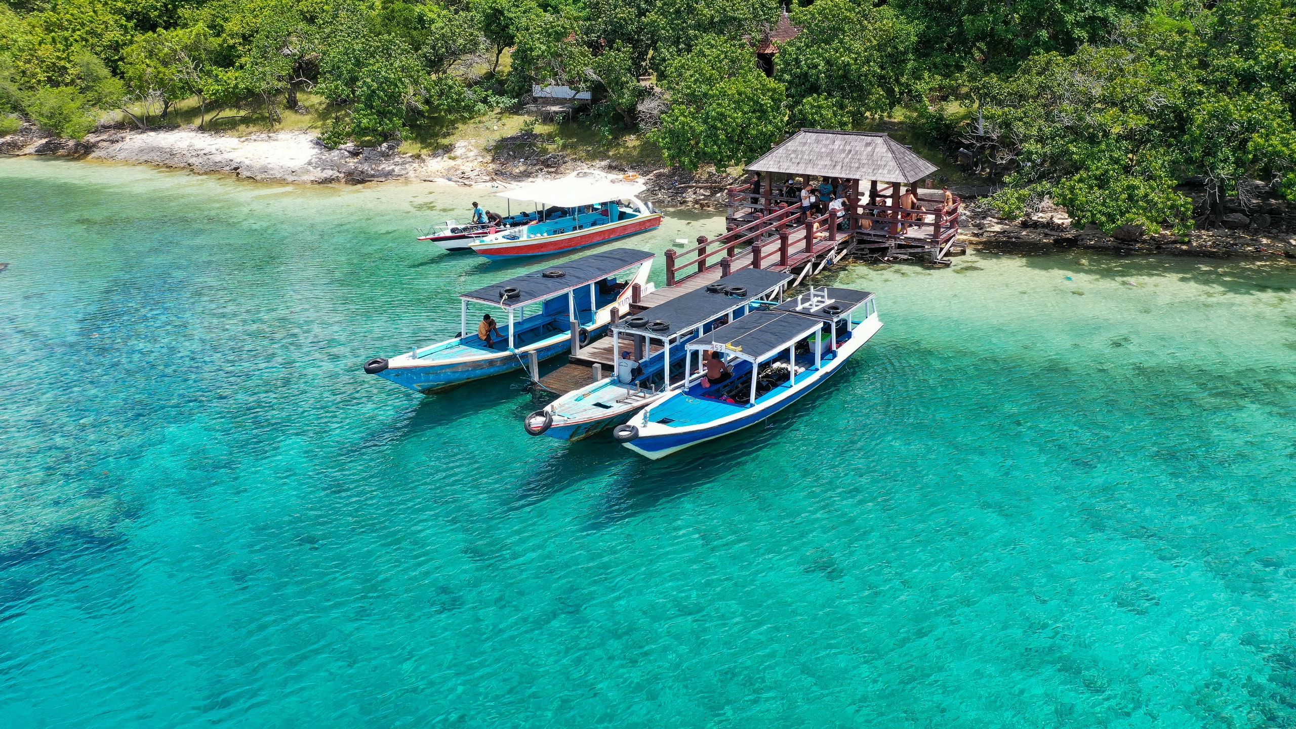 A boat parked next to the shore on Menjangan Island, Bali, Indonesia. Boats parked on a coral reef in the sea. Beautiful and clear water. Some trees on the shore. Holidays paradise.