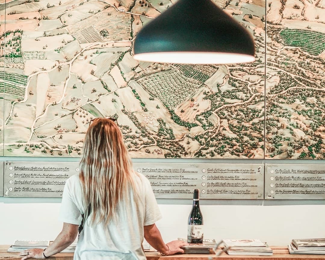 Woman standing in front of a terrain map with wine bottle to her right 