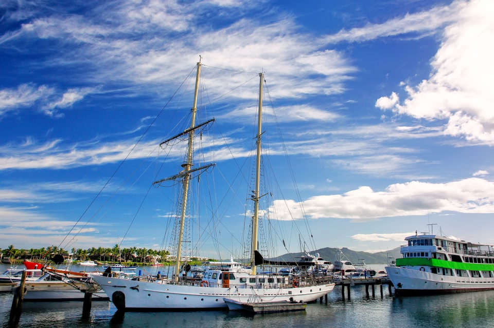 Boats anchored at Denarau port, Viti Levu, Fiji.