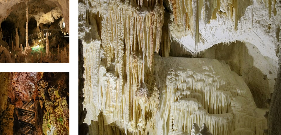 A collage of three images depicting the interior of a cave. The images show stalactites, stalagmites, and rock formations illuminated by artificial lighting. One image features a walkway or staircase built within the cave.