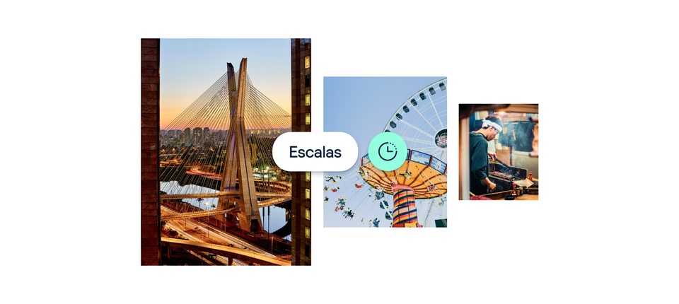 Colagem com tema de viagem mostrando uma rua de Londres com bandeiras da Union Jack, uma estátua e um edifício histórico, representando destinos de escala com um rótulo central “Layovers”.