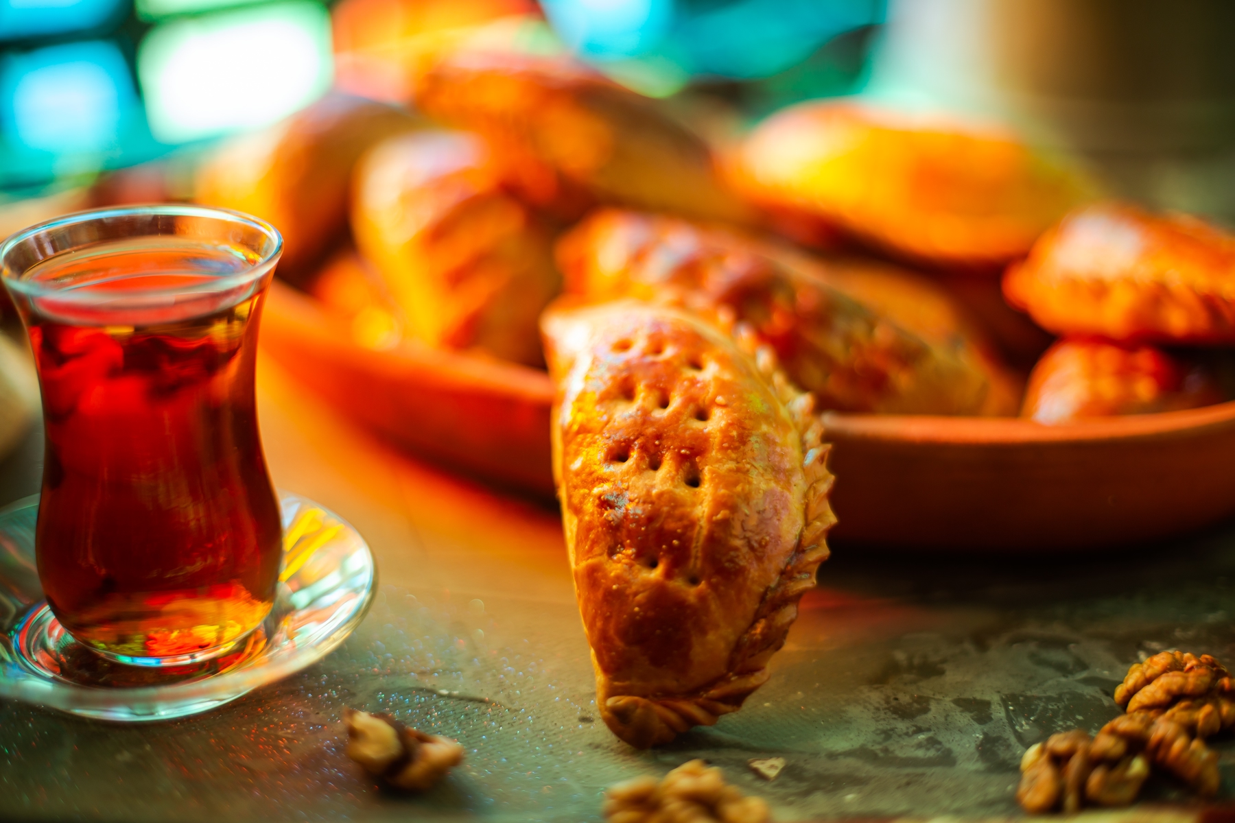 Tea and a traditional pastry of Nakhchivan with a walnut and onion filling Azerbaijan