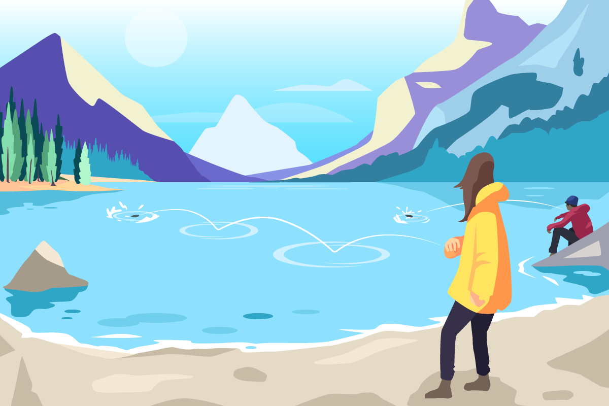 illustration of people skipping rocks in a lake in the Canadian Rockies