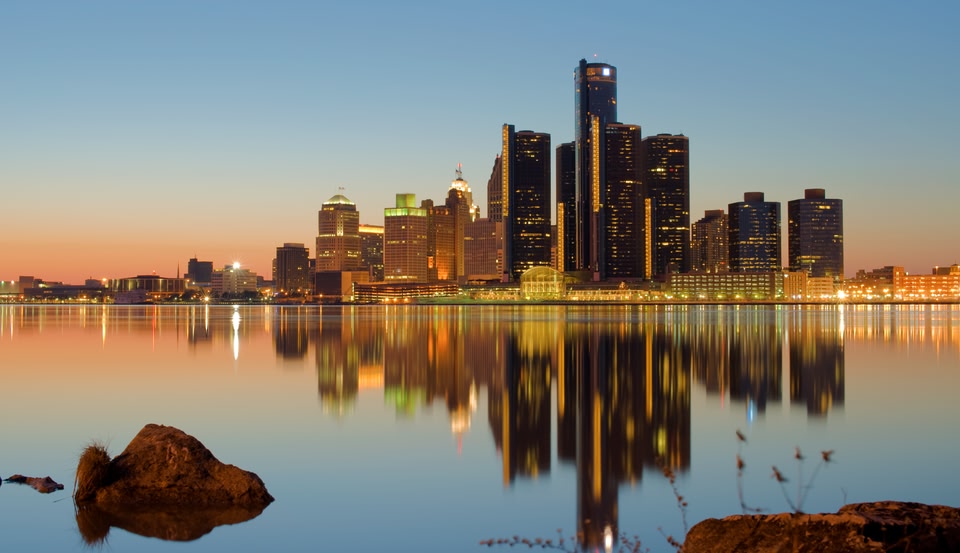The Detroit skyline at sunset