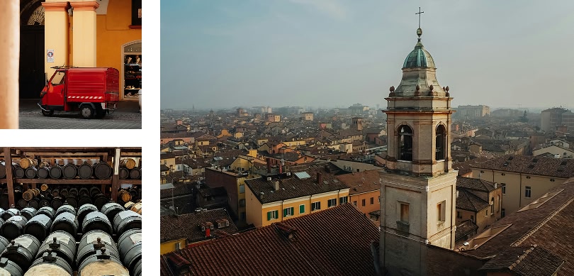 un'Ape Piaggio rossa, una vista panoramica con una torre campanaria e una fila di caschi con il logo dell'Alfa Romeo.