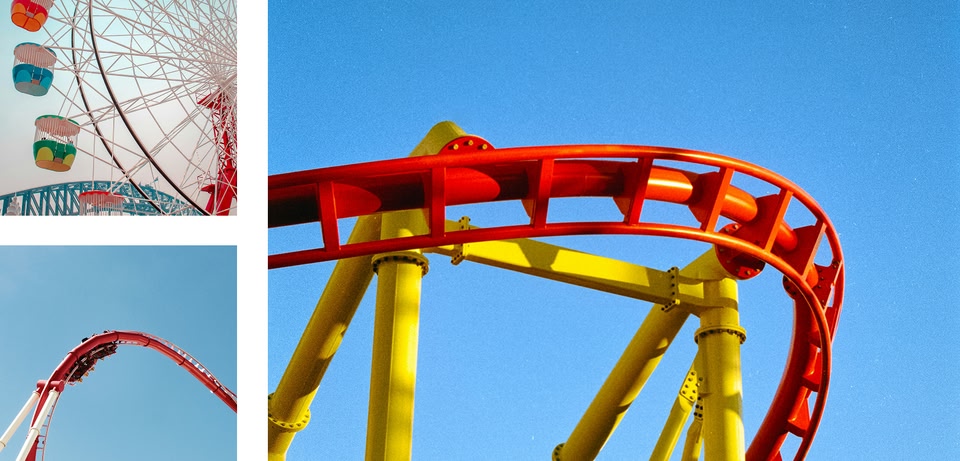 A collage of a Ferris wheel and red-yellow roller coaster tracks against a bright blue sky.