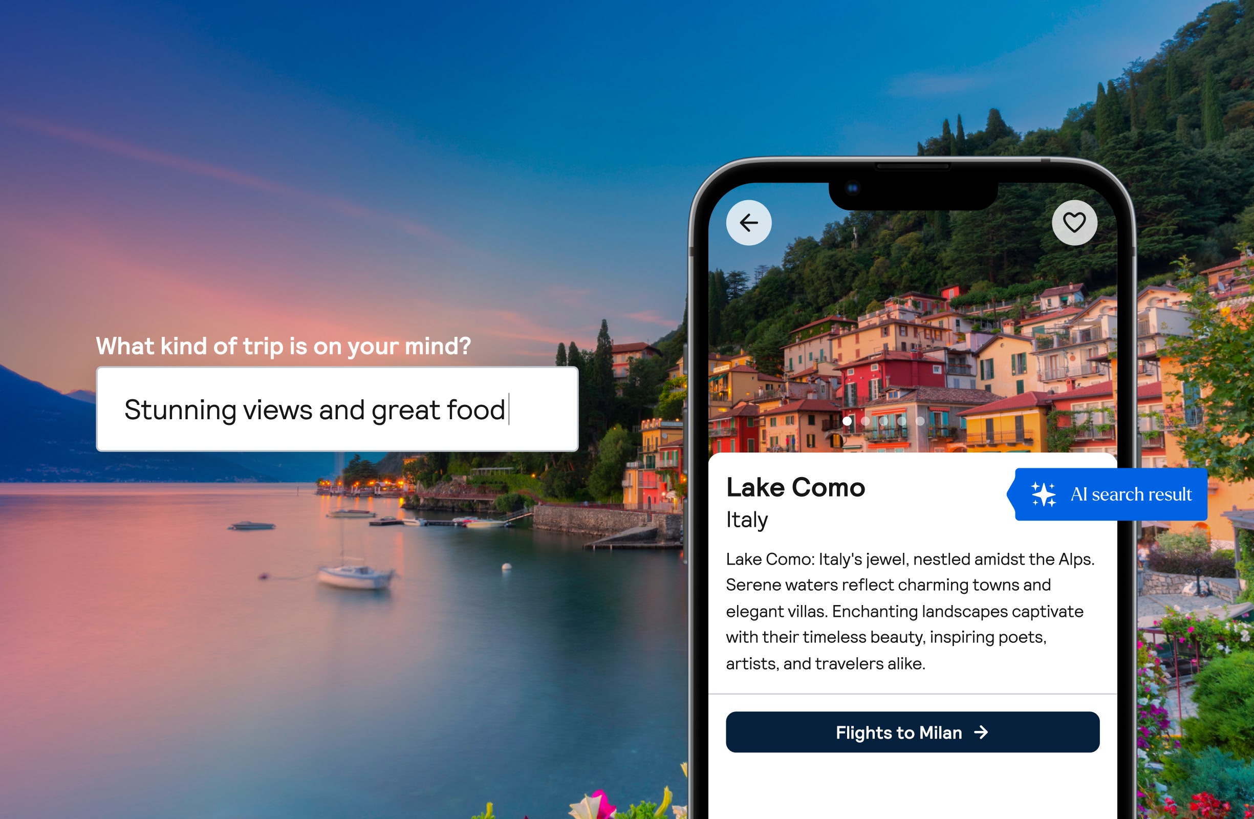 Lake Como at sunrise. A screenshot of the Skyscanner Savvy Search overlaps the image and a text bubble reads AI search result