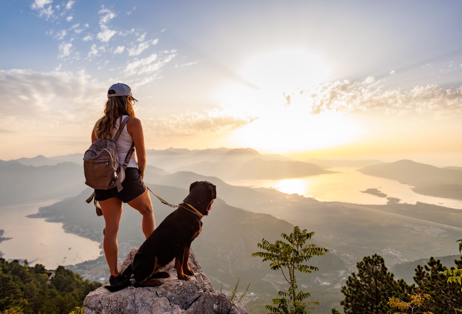 Woman with her dog looking out at a mountain view