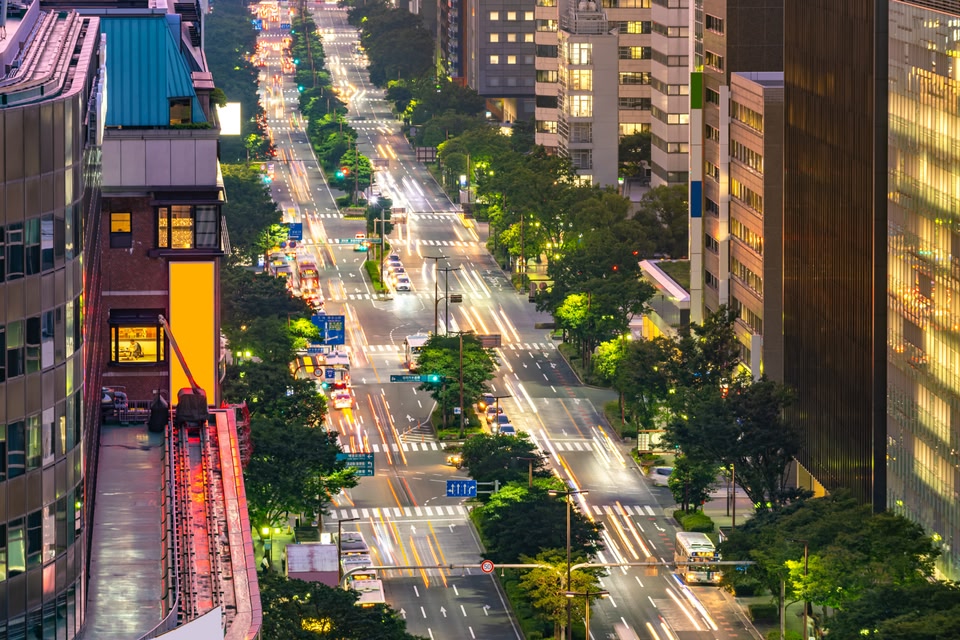 Aerial view of Fukuoka cityscape downtown at Hakata. Hakata is main area of Fukuoka transport such as train port and airport.