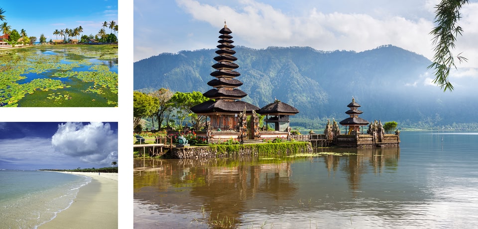 A travel collage showcasing the beauty and culture of a tropical destination. It includes a serene lake with lily pads, a stunning Balinese temple on a lake, and a pristine tropical beach, highlighting the diverse attractions of the region.