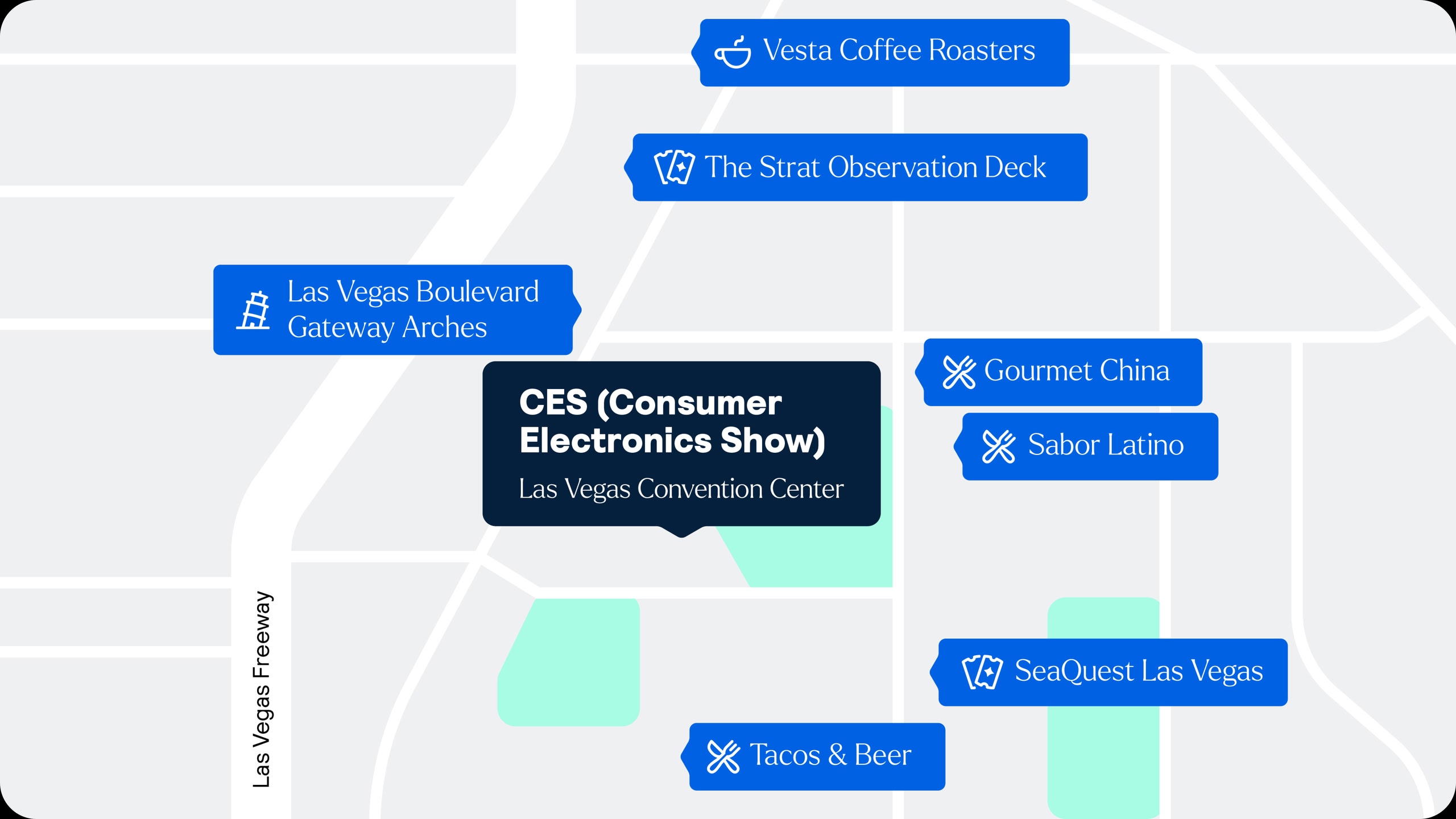 Map showing the venue for CES (Consumer Electronics Show), along with nearby restaurants, coffee shops, and attractions.