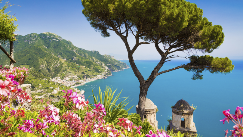 Vista panoramica della Costiera Amalfitana con fiori, un albero e l'oceano.