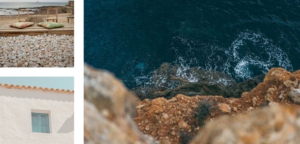 Collage: Sedute su spiaggia di ciottoli, edificio bianco con finestra blu e vista dalla scogliera sulle onde.
