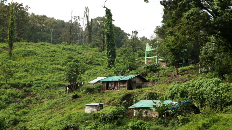 An image of wooden buildings on the hills surrounded by trees