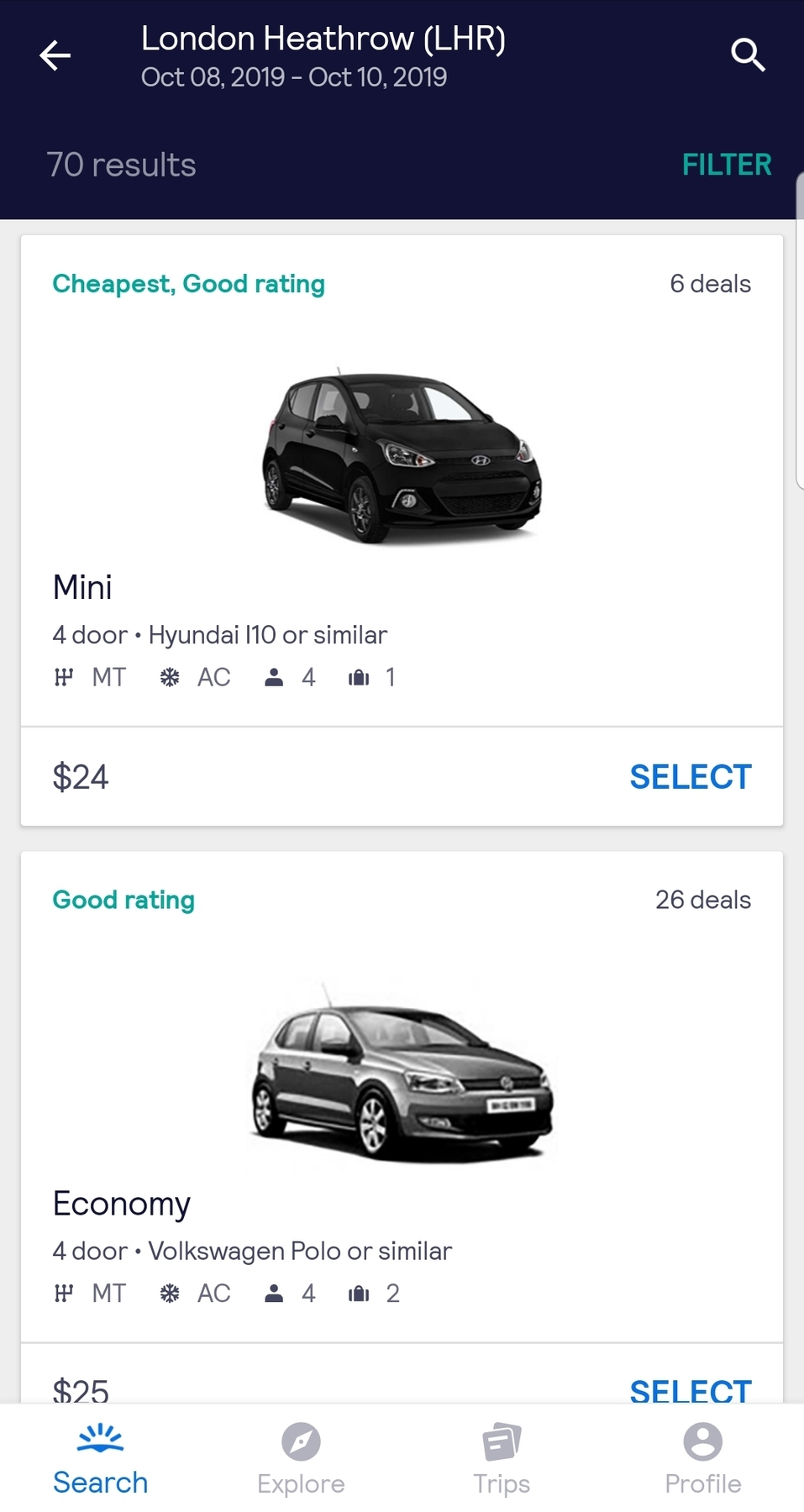 screenshot of car rental booking page in the Skyscanner app