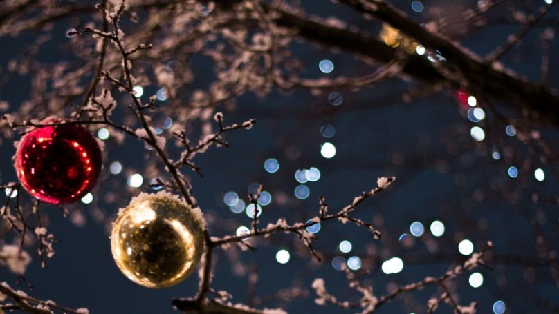 木にいくつかクリスマスボールが飾ってある