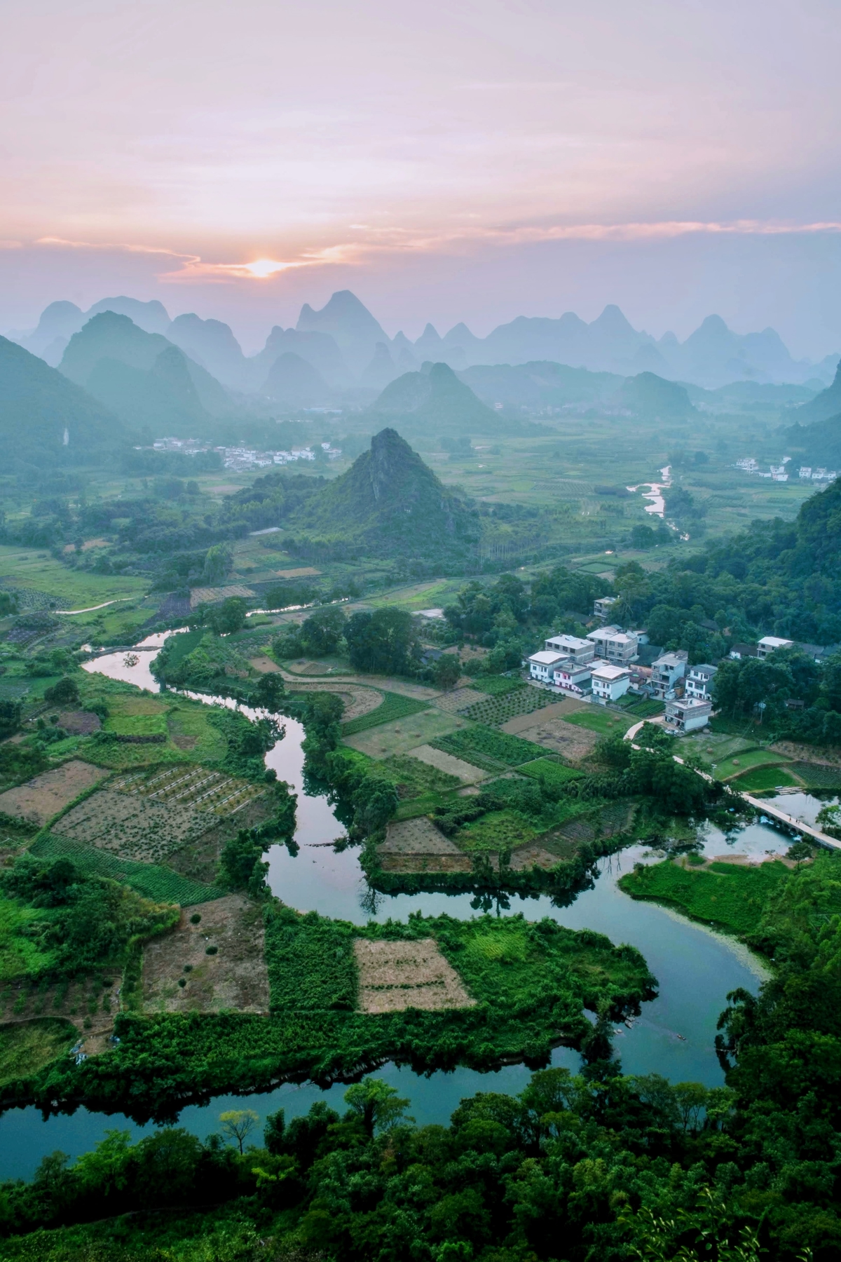 aerial view of hills in Guilin, Guangxi, China.