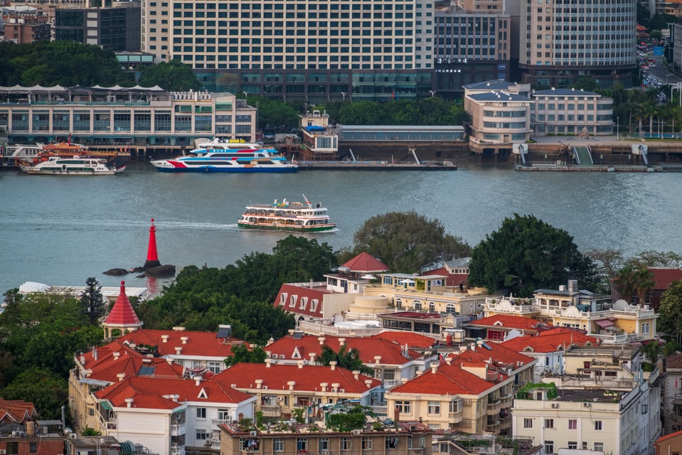 bird's eye view of the harbour in Xiamen, China.