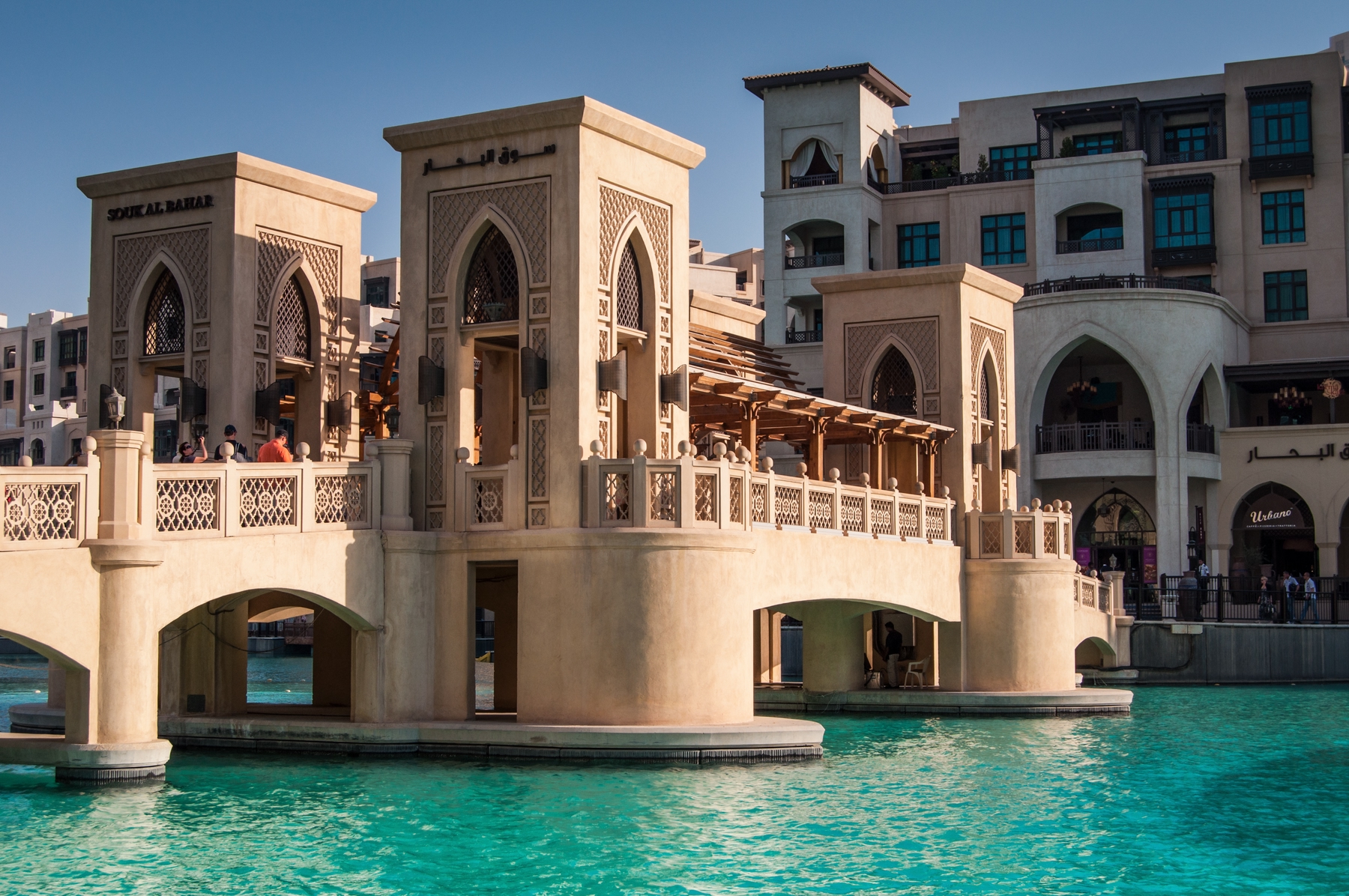 A shopping centre pathway over water in Dubai