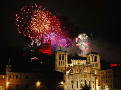 Fireworks exploding over a castle