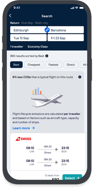Phone screenshot with flight emissions
