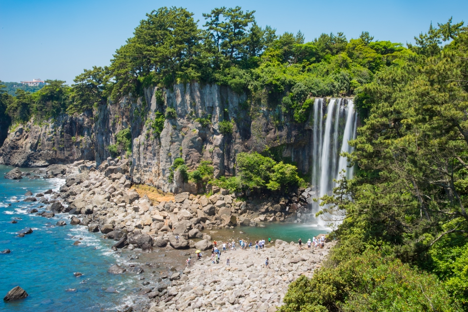 A stunning waterfall on Jeju Island