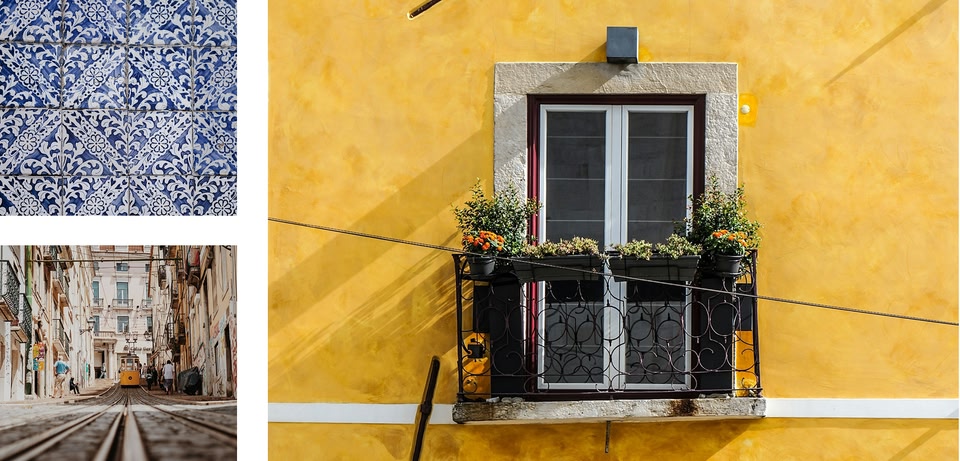 Tiles on the façade of a building, window on a yellow-walled building and a view down a street with a yellow tram.