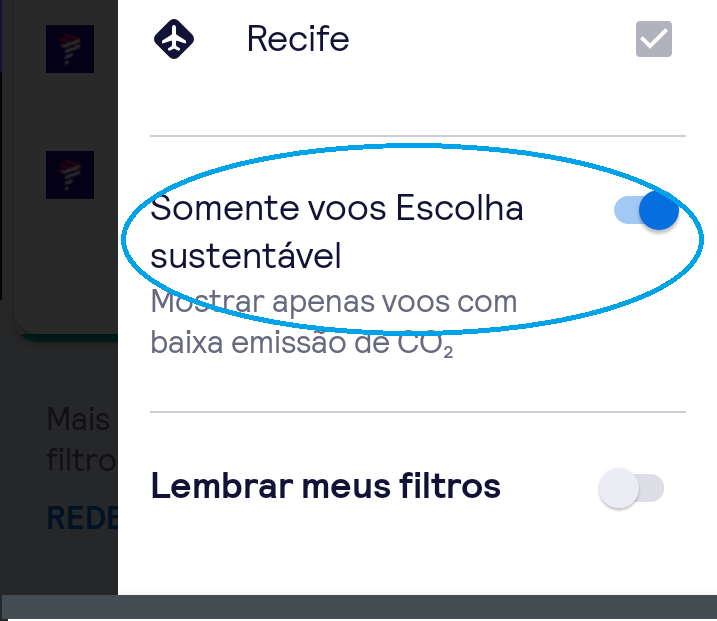 Tela destacando a opção Escolha Sustentável no menu de filtros para passagens aéreas, no aplicativo Skyscanner.