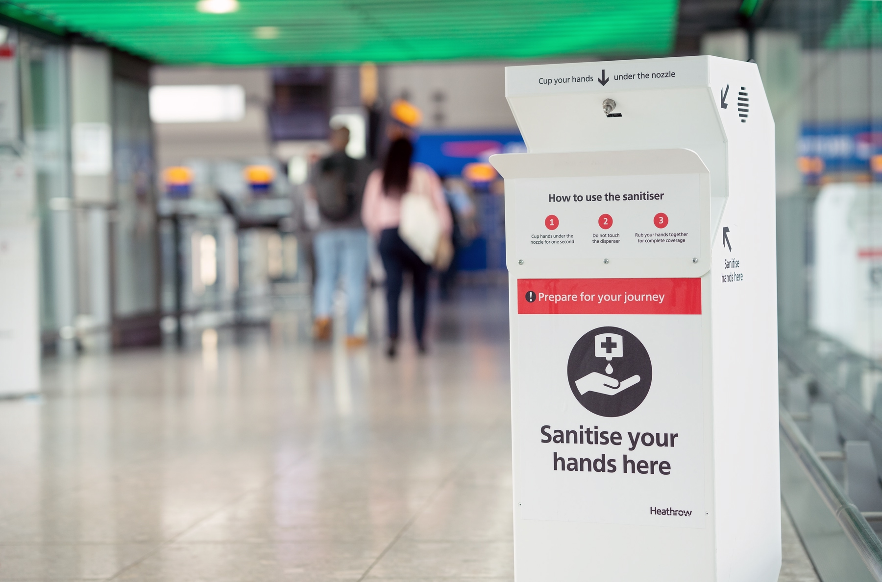 Sanitiser station at Heathrow Airport
