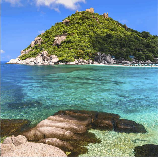 A tropical island surrounded by blue ocean