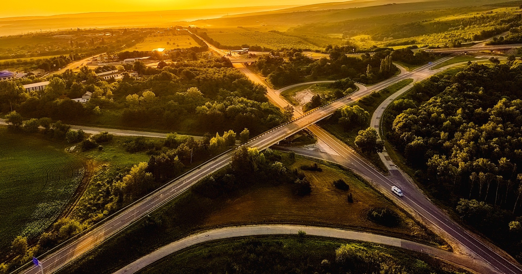 Aerial view of Moldova roadway during sunset