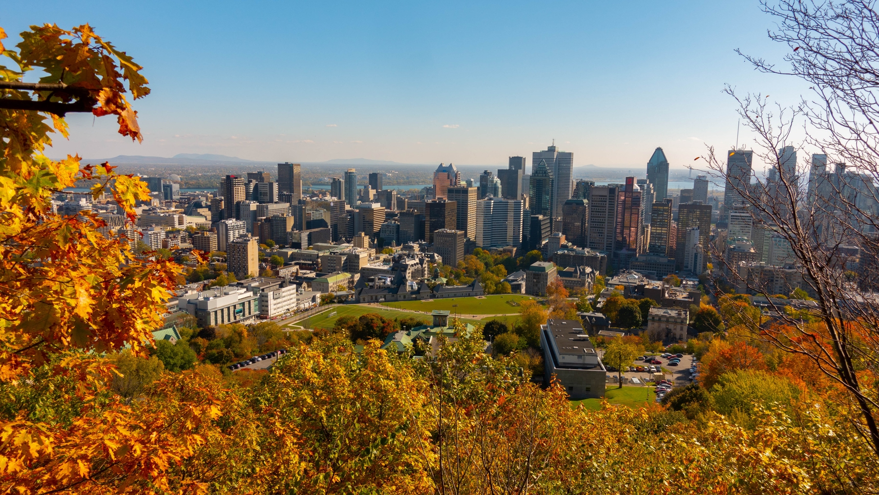 A lookout spot at Mount Royal Park offers panoramic views of the city of Montreal.