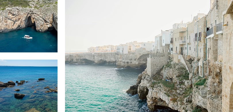 Collage dell'Italia costiera: grotta, scogli e città a picco sulla scogliera.