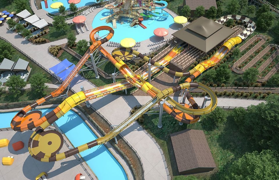 aerial view of a combination theme park and water park.