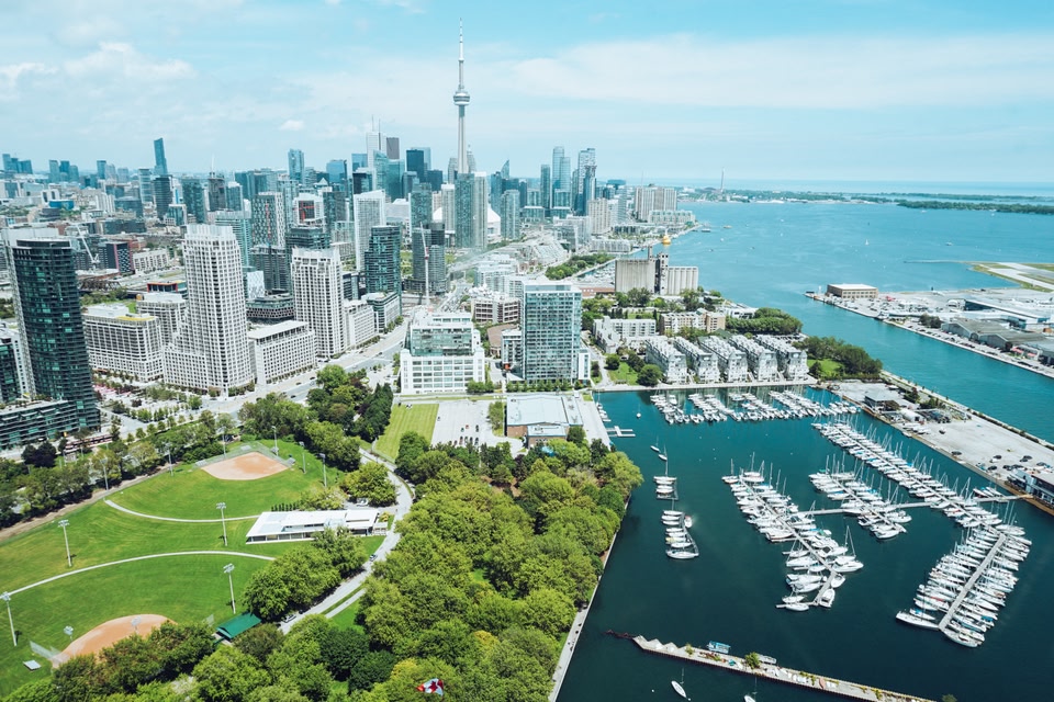 Toronto skyline from above on a sunny day.