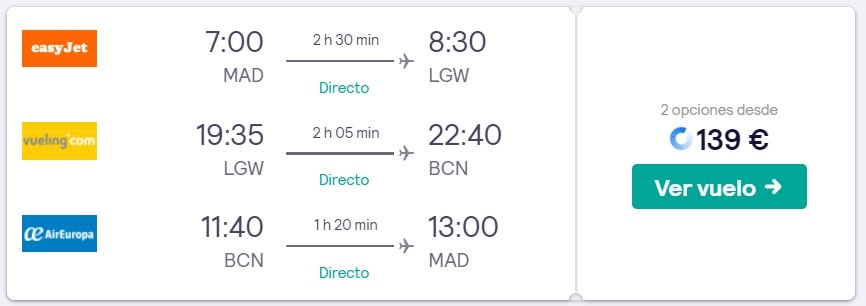 resultados de búsqueda de vuelos con múltiples destinos en Skyscanner