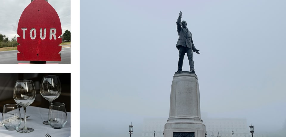A collage featuring a statue of a man in a suit pointing upwards, a red 'TOUR' sign, and a set of wine glasses.