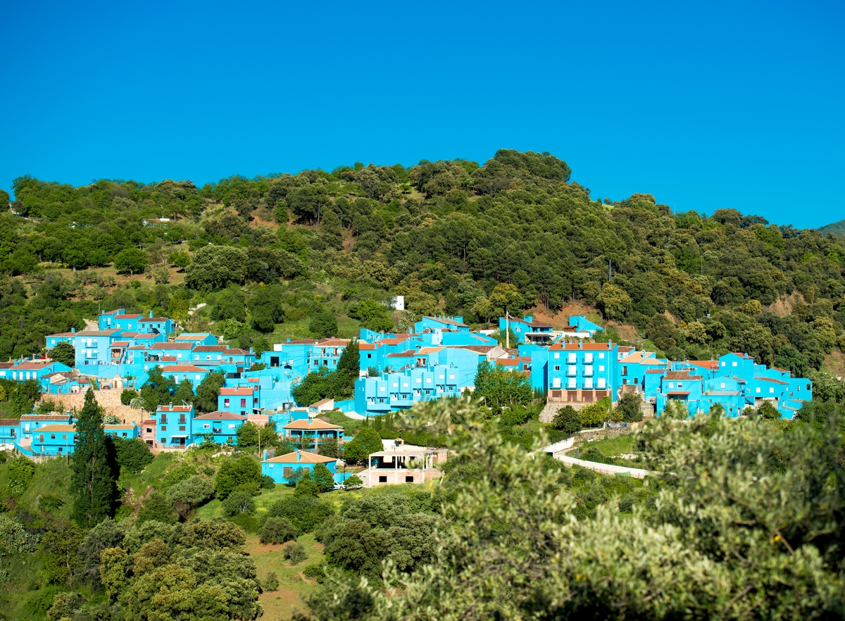 The blue buildings of the village of Juzcar near Malaga, Spain, which is dedicated to the Smurfs.