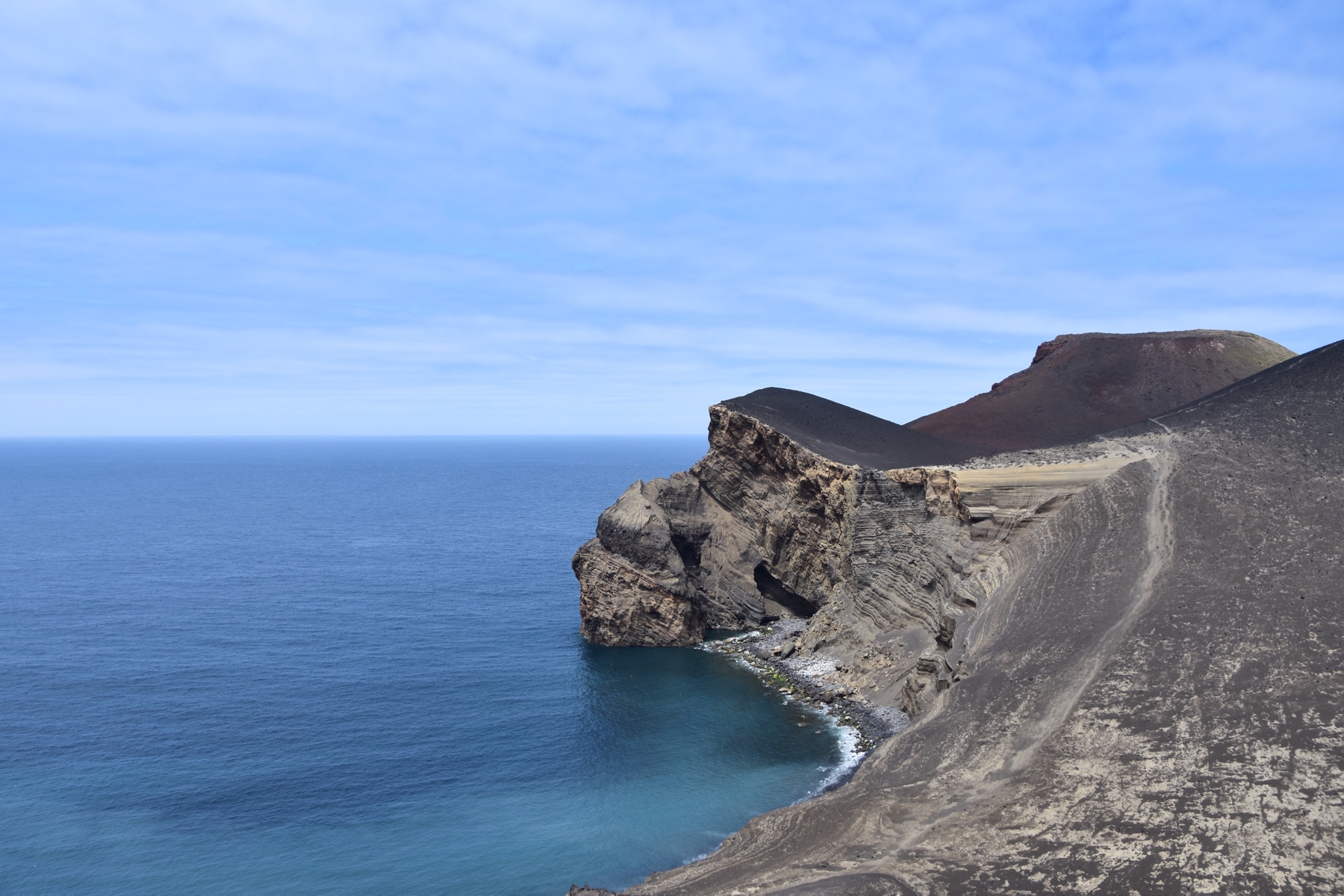 volcanic erupted part of the Faial island, Azores, Portugal next to the ocean