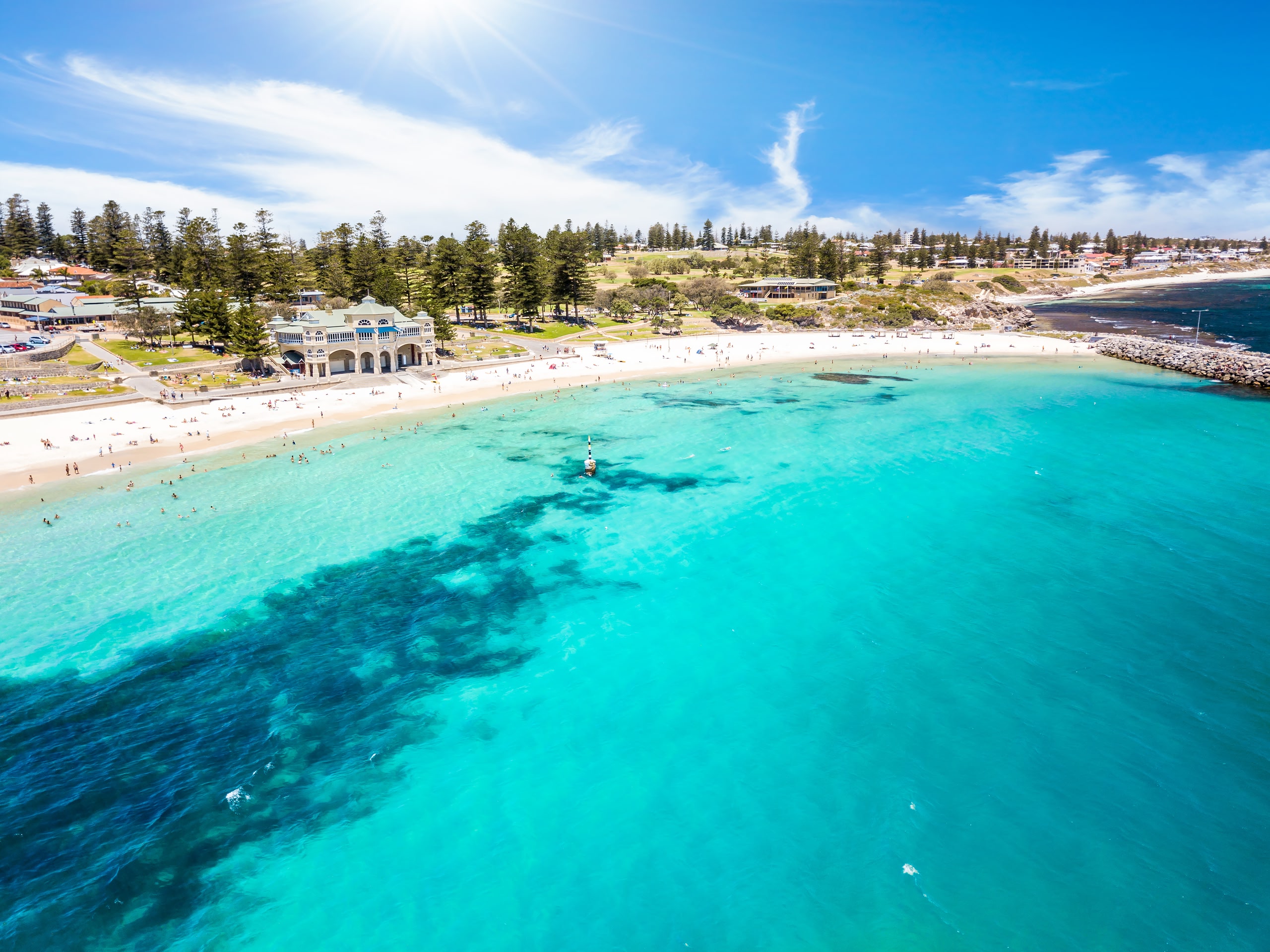 Aerial drone photo of a busy Cottesloe Beach, Perth, Western Australia on a summer afternoon.