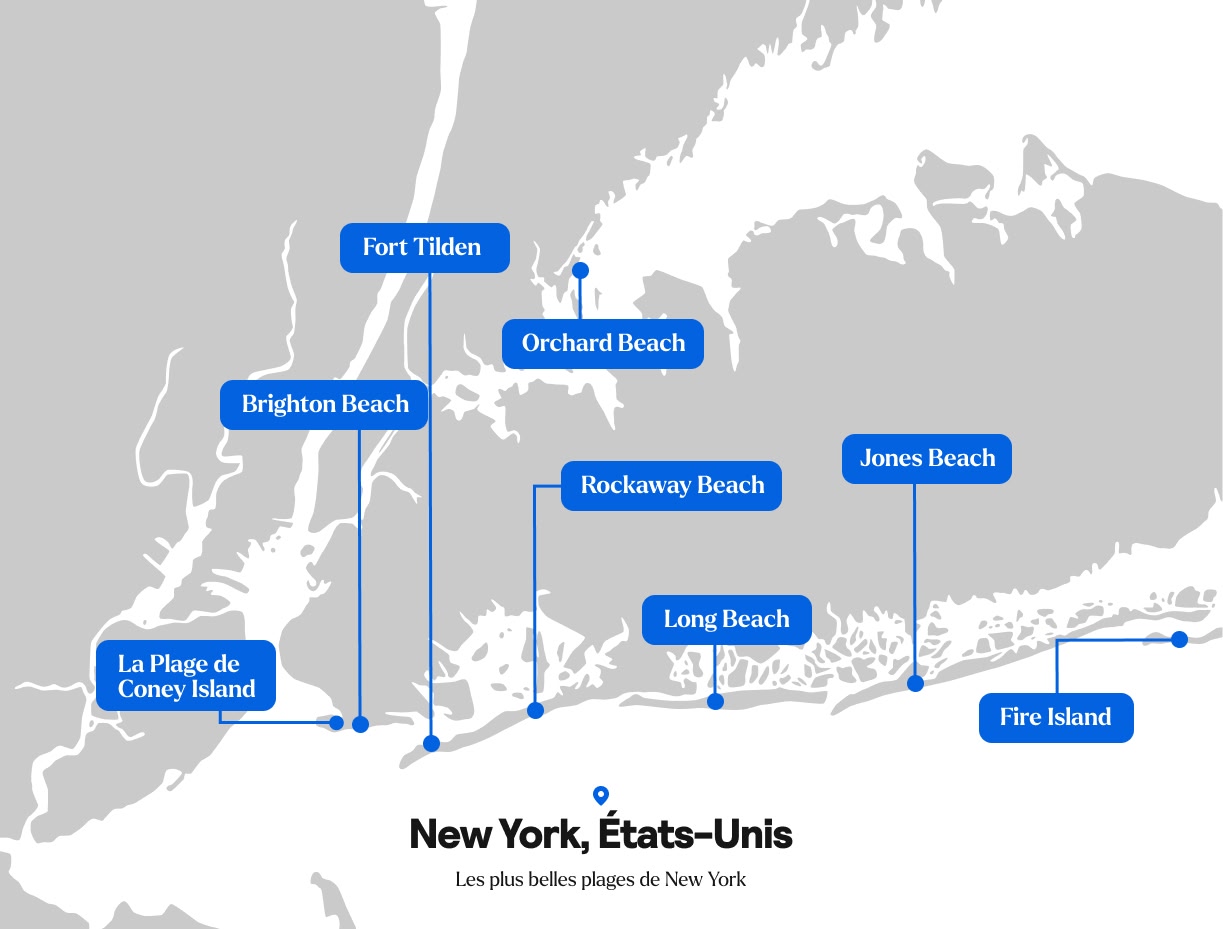 carte des plus belles plages de New York : La plage de Coney Island, Brighton Beach, Rockaway Beach, Orchard Beach, Jones Beach, Long Beach, Fire Island, Fort Tilden