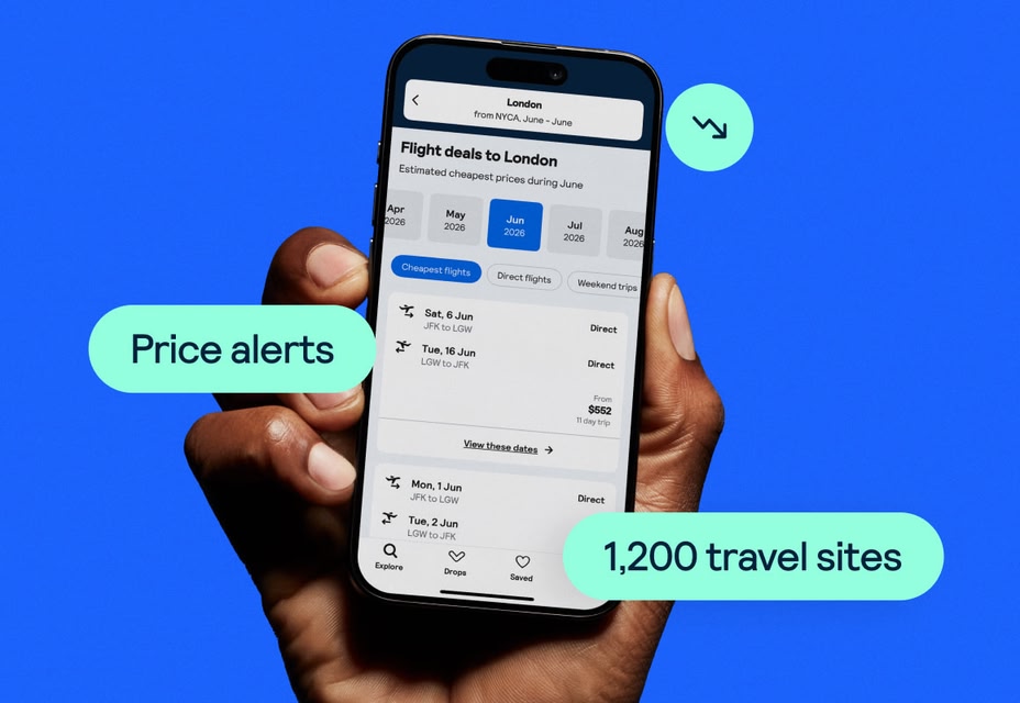 A hand holds a smartphone displaying a travel app with flight deals to London, surrounded by graphic bubbles highlighting features like "Price alerts" and "1,200 travel sites" against a bright blue background.
