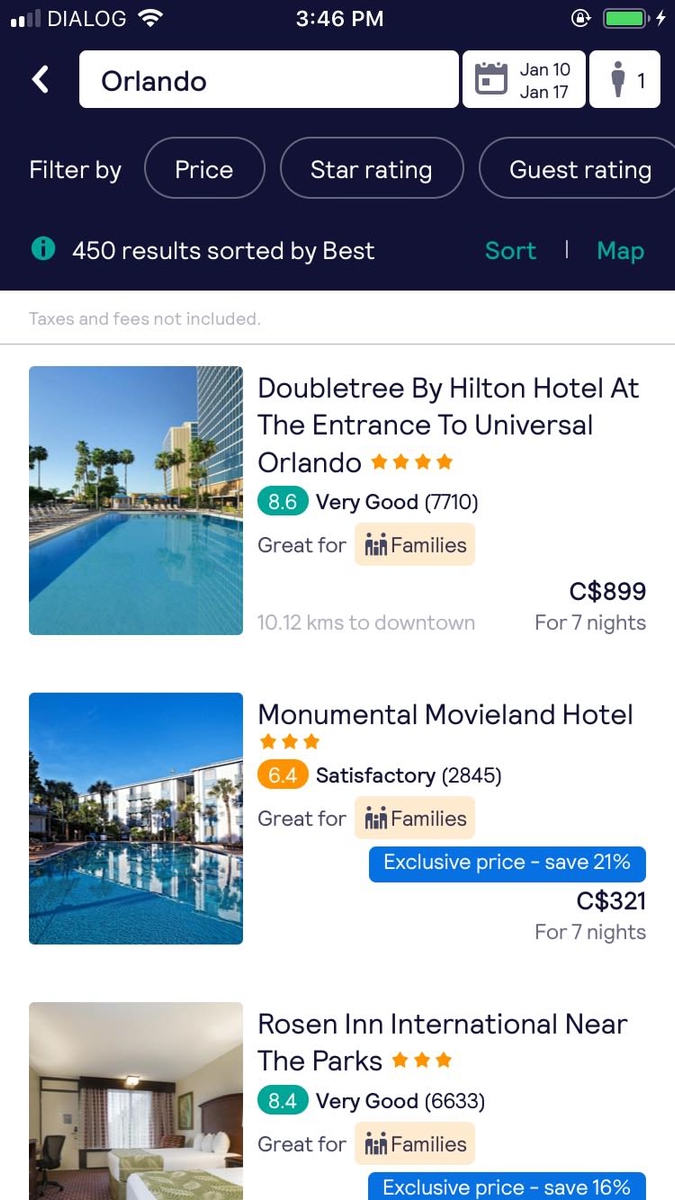 screenshot demonstrating how to search Orlando hotel deals on the app