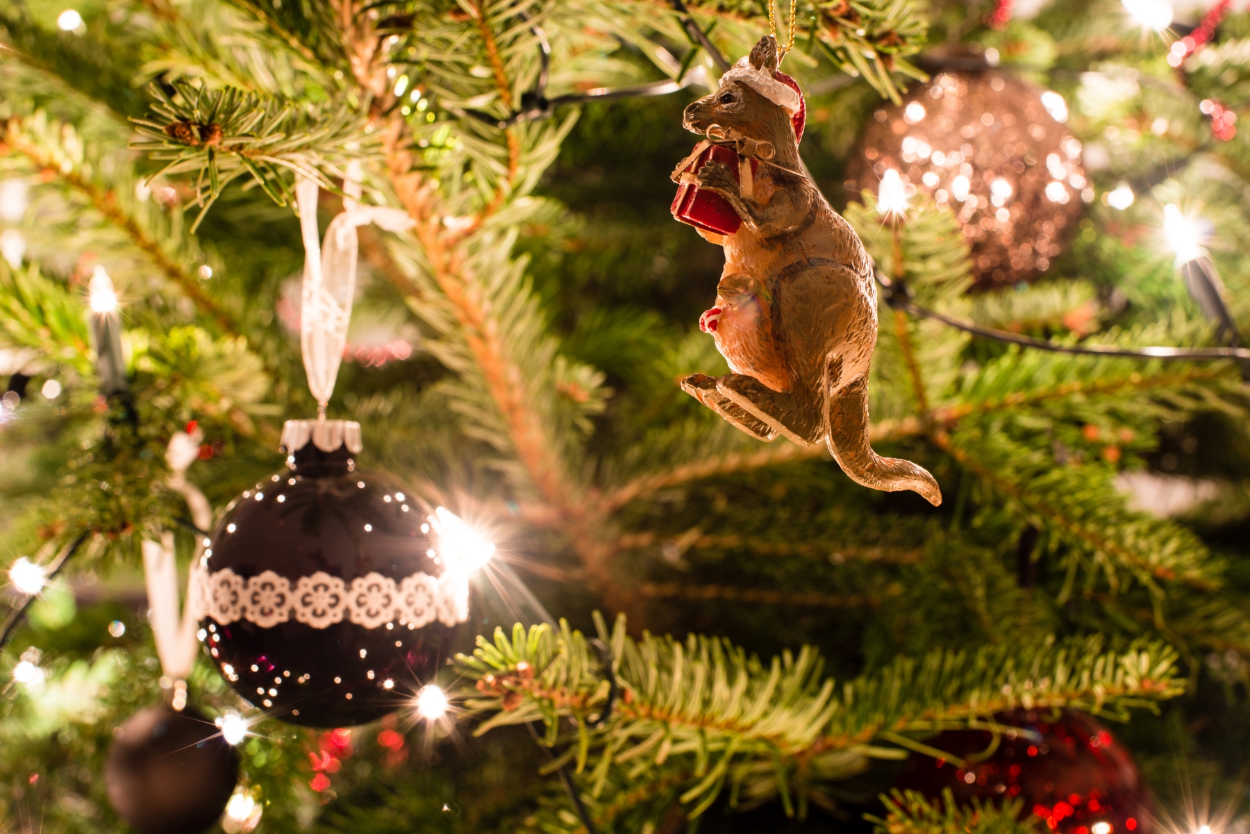 A Christmas tree with a kangaroo bauble