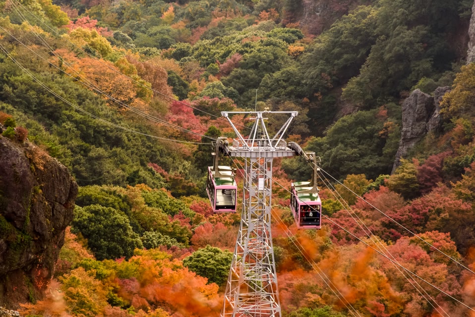 Autumn leaves and ropeway of Kankakei