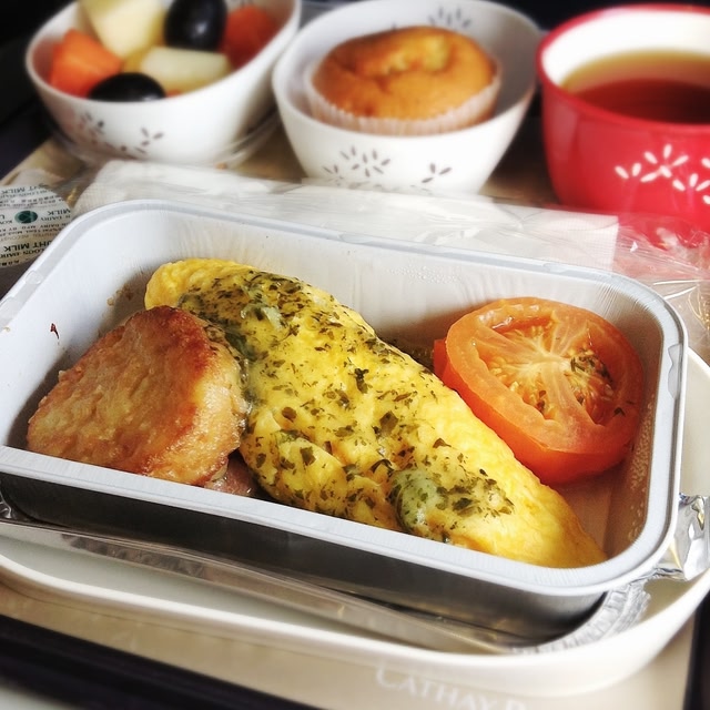In-flight breakfast with omelette and sides