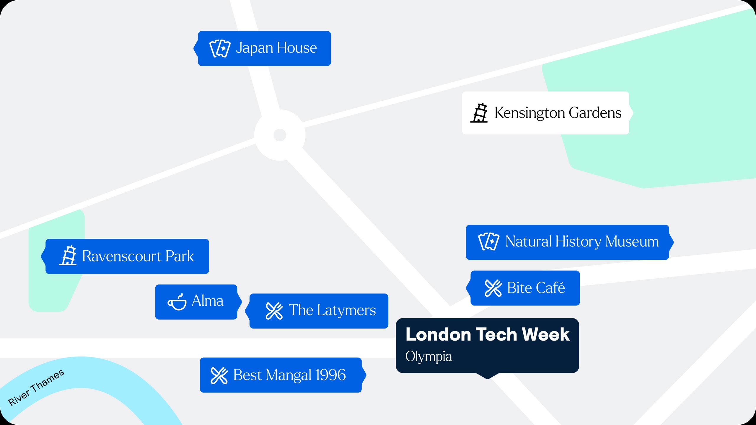 Map of the London Tech Week venue location with nearby restaurants, coffee shops, and attractions.